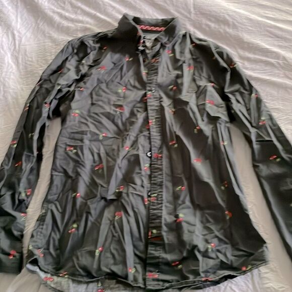 Drill Clothing Company Slim Fit Cherry Print Button Shirt Gray Size L - Picture 1 of 3